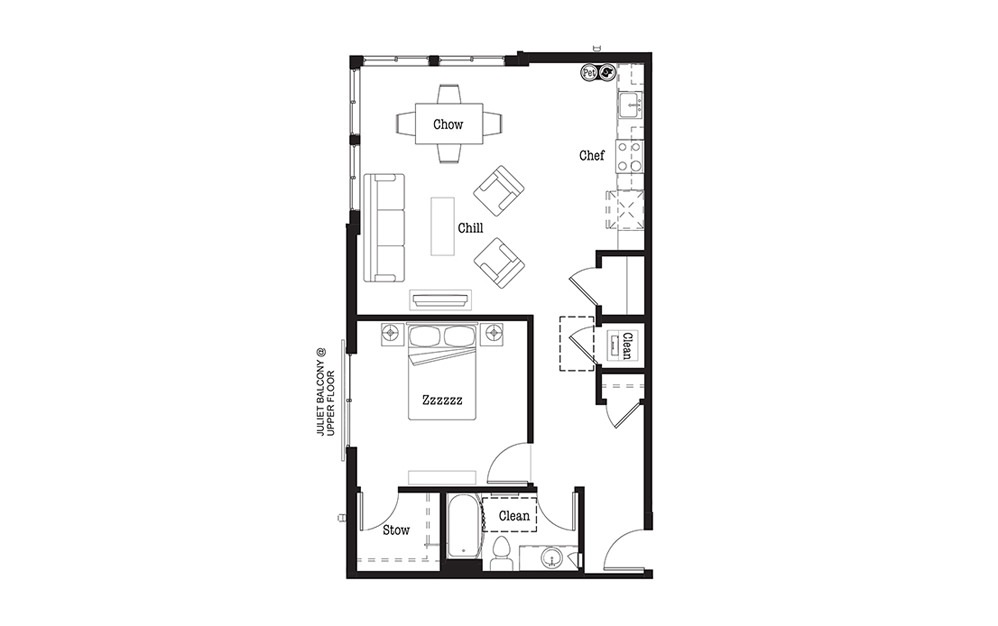 A10 - 1 bedroom floorplan layout with 1 bath and 870 square feet.