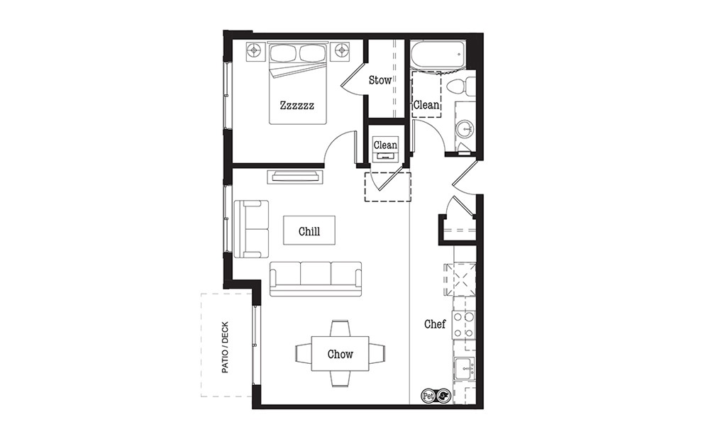 A3 - 1 bedroom floorplan layout with 1 bath and 693 square feet.
