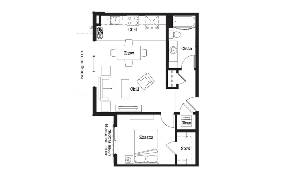 A5 - 1 bedroom floorplan layout with 1 bath and 713 square feet.