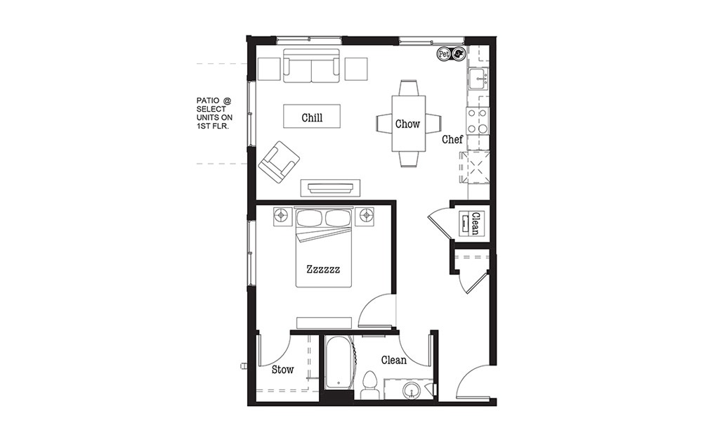 A9 - 1 bedroom floorplan layout with 1 bathroom and 796 square feet