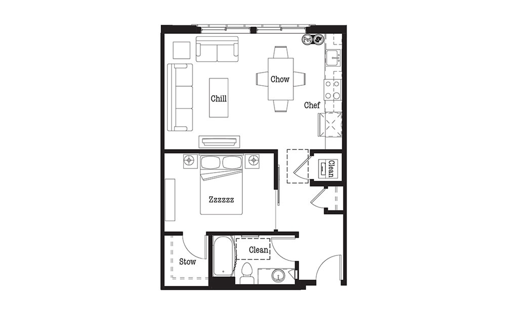 U1 - 1 bedroom floorplan layout with 1 bath and 688 square feet.